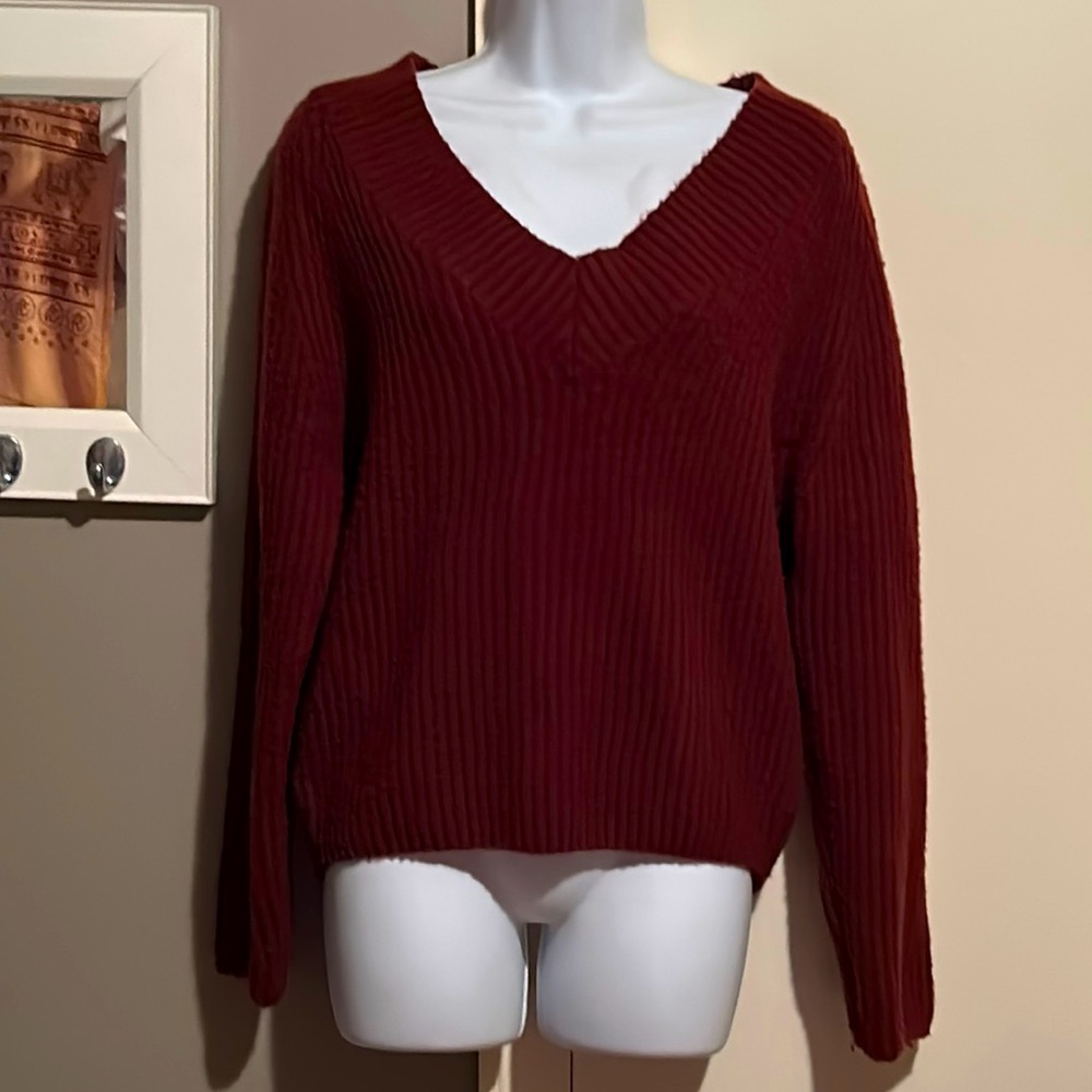GARAGE Dark Red Burgundy V Neck Chunky Ribbed Boxy Sweater Sz Petite/Small P/S